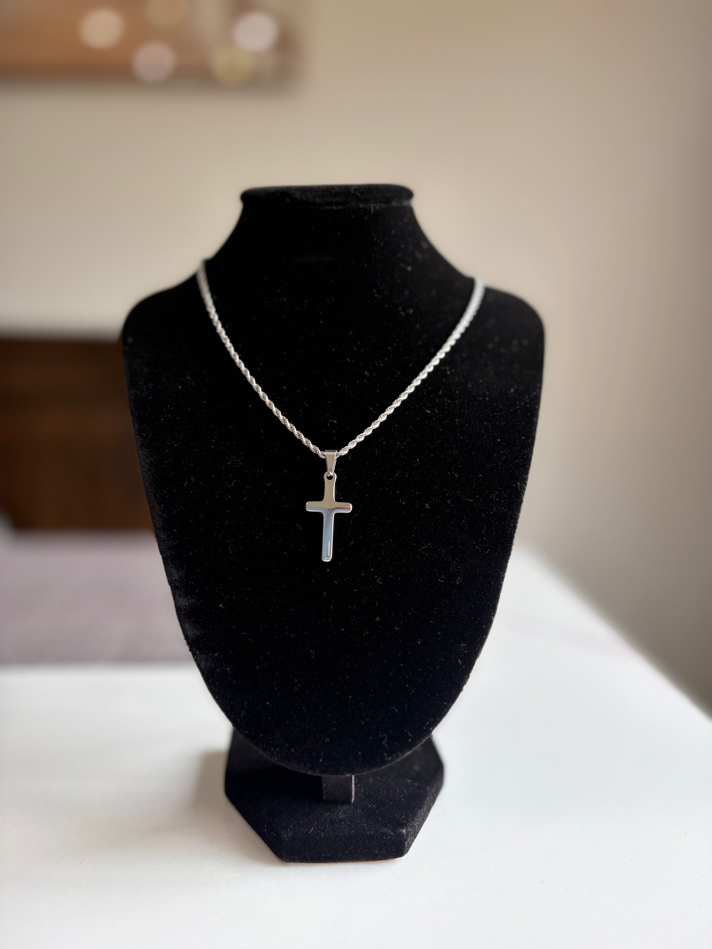 Stainless Steel Cross Necklace - Silver Tone