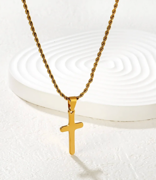 Stainless Steel Cross Necklace - Gold Tone 18K