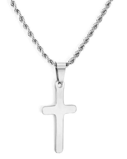 Stainless Steel Cross Necklace - Silver Tone