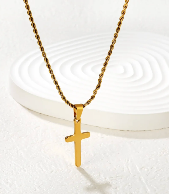 Stainless Steel Cross Necklace - Gold Tone 18K