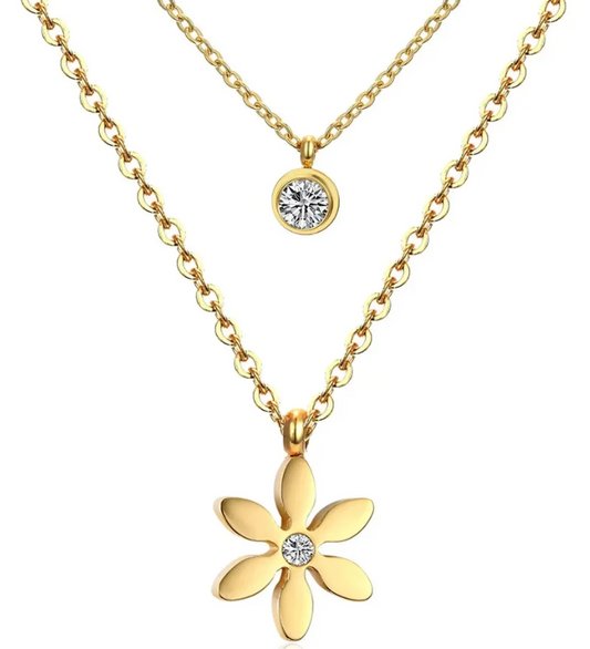 Flower Round Cubic Zironia Choker Multi-layer Chain Pendant