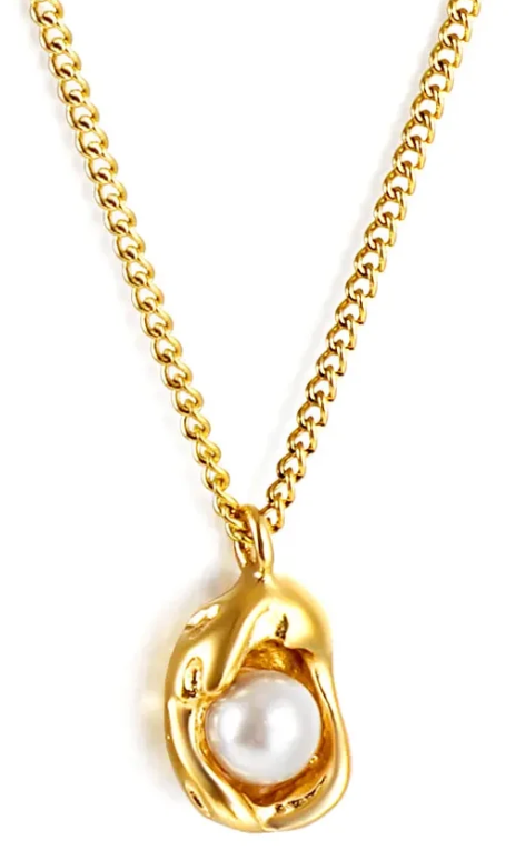 Shaped pendant with white pearl necklace - Gold